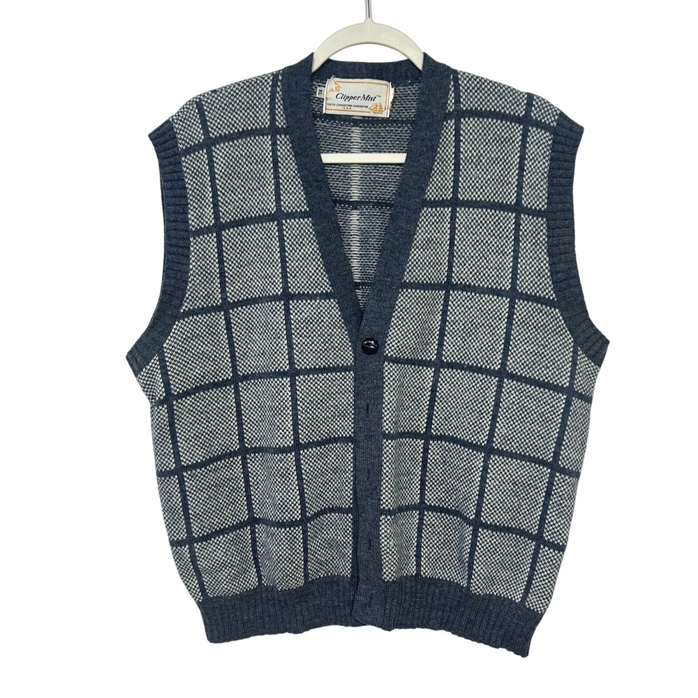 Clipper‎ Mist 80s Sweater Vest XL Navy White Windowpane Preppy Academia USA